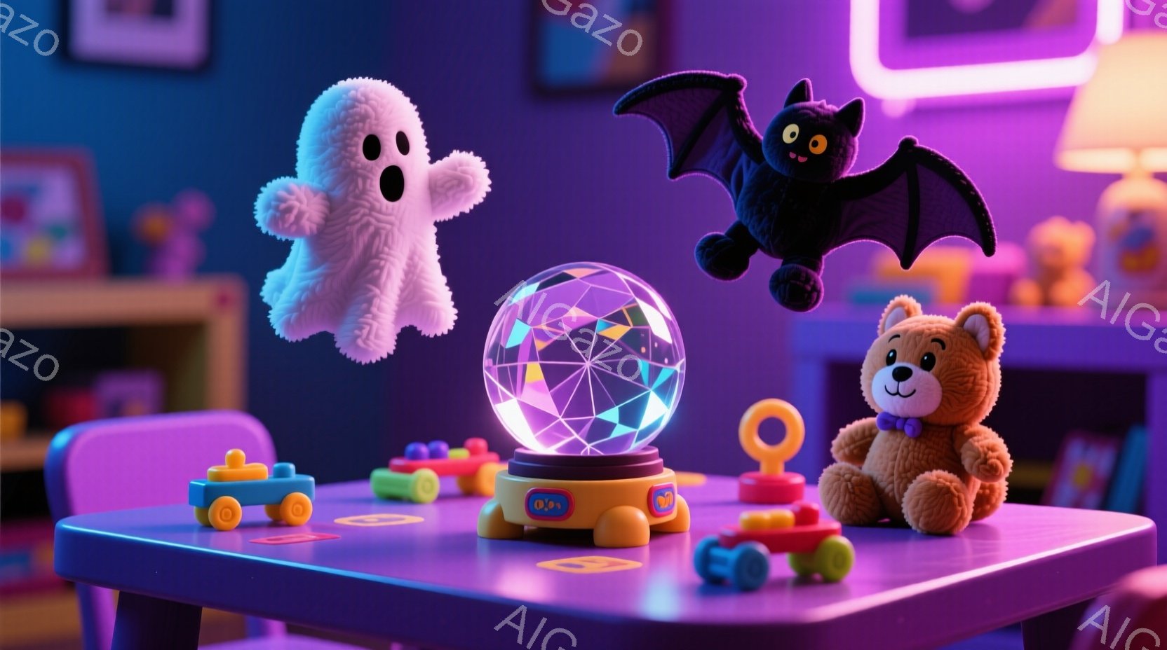 明るい紫色のテーブルの上に、おもちゃの車、クマのぬいぐるみ、光るクリスタルボール、お化け、コウモリが配置されている。背景は部屋の一部で、ピンクの椅子や絵画が見える。全体的に明るく楽しい雰囲気で、ハロウィーンや子供部屋の装飾を連想させる。