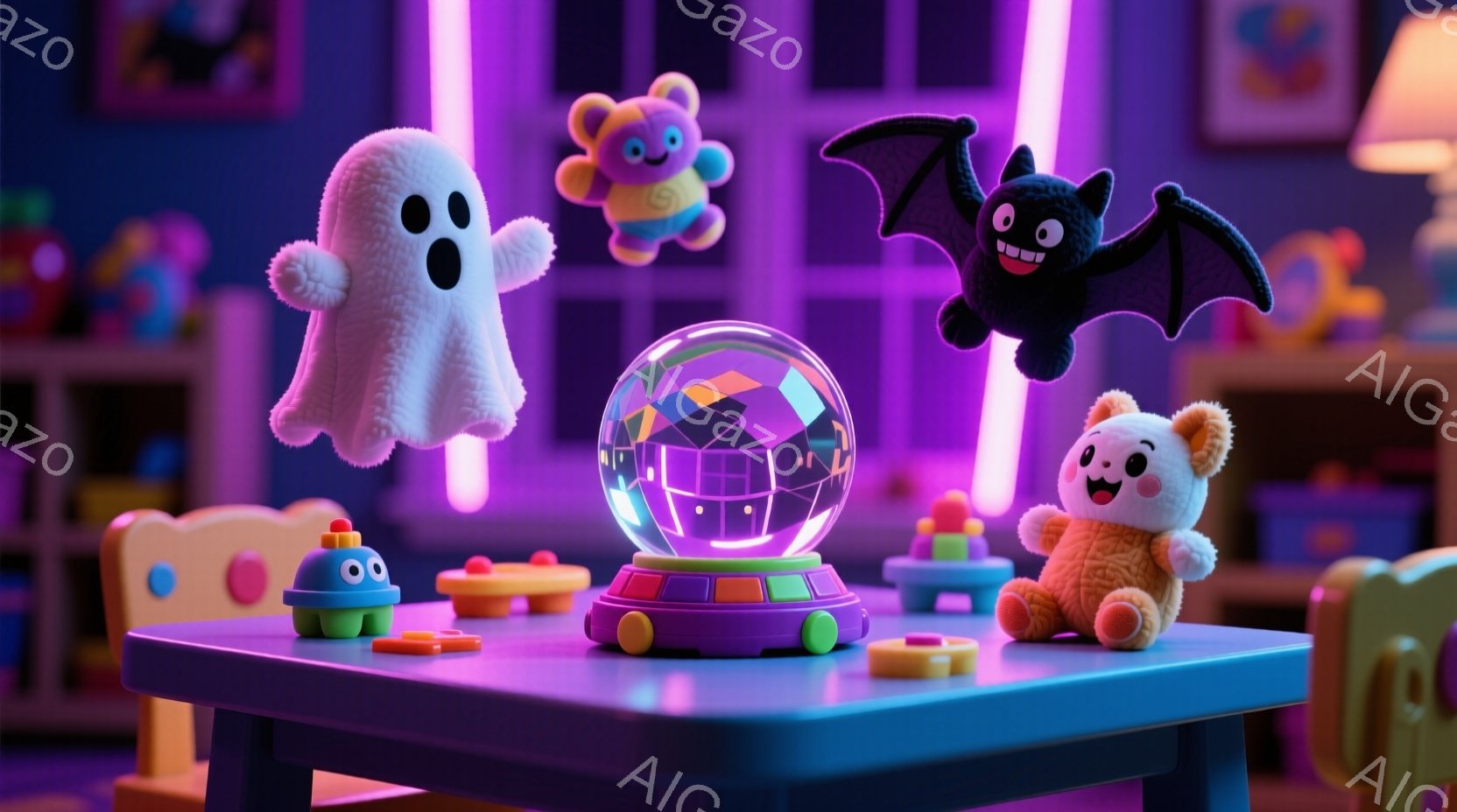 明るい紫色のテーブルの上には、おもちゃやぬいぐるみたちが配置されています。幽霊、コウモリ、クマのぬいぐるみはそれぞれ異なるポーズで、中央には光るディスコボールが置かれ、賑やかな雰囲気を作り出しています。背景にはおもちゃ棚やカラフルなブロックが見え、子供部屋のような温かい空間が広がっています。