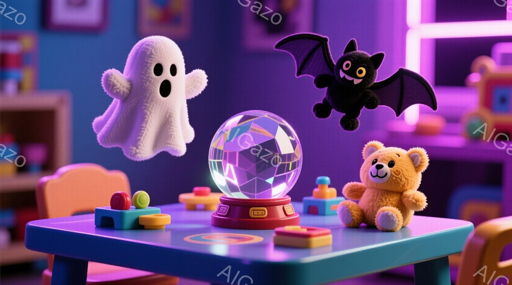 明るい紫色のテーブルの上に、かわいらしいおもちゃたちが並んでいます。白い幽霊と黒いコウモリがテーブルの上を浮遊し、茶色いテディベアがおとなしく座っています。背景にはカラフルな積み木や壁に掛けられた絵画が見え、全体的に夢のような、遊び心あふれる雰囲気が漂っています。