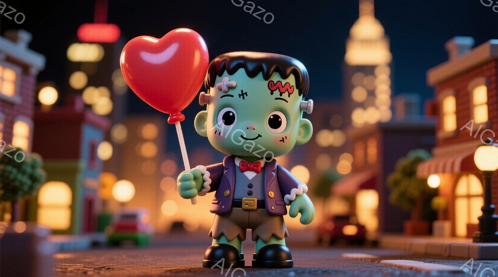 フランケンシュタインをモチーフにした可愛らしいキャラクターが描かれています。緑色の肌にボルトの付いた髪型、赤い蝶ネクタイとベストを着たキャラクターは、大きな赤いハート型の風船を持って立っており、優しい笑顔を浮かべています。背景には、カラフルな建物や街灯が並び、夜の街並みを表現しており、全体的に温かく、遊び心のある雰囲気が漂っています。