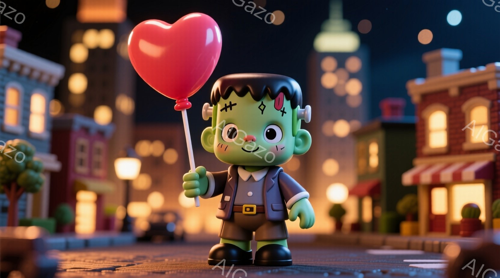 緑色のフランケンシュタインのモンスターが、赤いハート型の風船を持って立っています。彼は黒い髪、緑色の肌、そして小さな笑顔を浮かべており、黒いジャケット、ベージュのズボン、そしてシンプルなベルトを着ています。背景には、暖色系の光が灯るカラフルな建物が並び、夜の街の穏やかで夢のような雰囲気が漂っています。