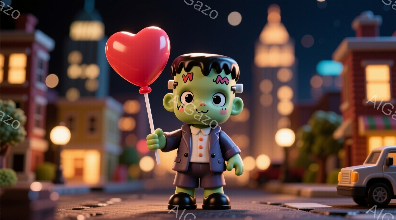 フランクensteinのモンスターを模した可愛らしい人形が描かれています。人形は緑色の肌に黒髪、黒い靴、そして赤いハート型の風船を持った、フォーマルな服装をしています。背景には、暖かい光を灯したカラフルな建物が並び、夜空にはいくつかの星が輝いており、全体的に温かく、夢のような雰囲気を醸し出しています。