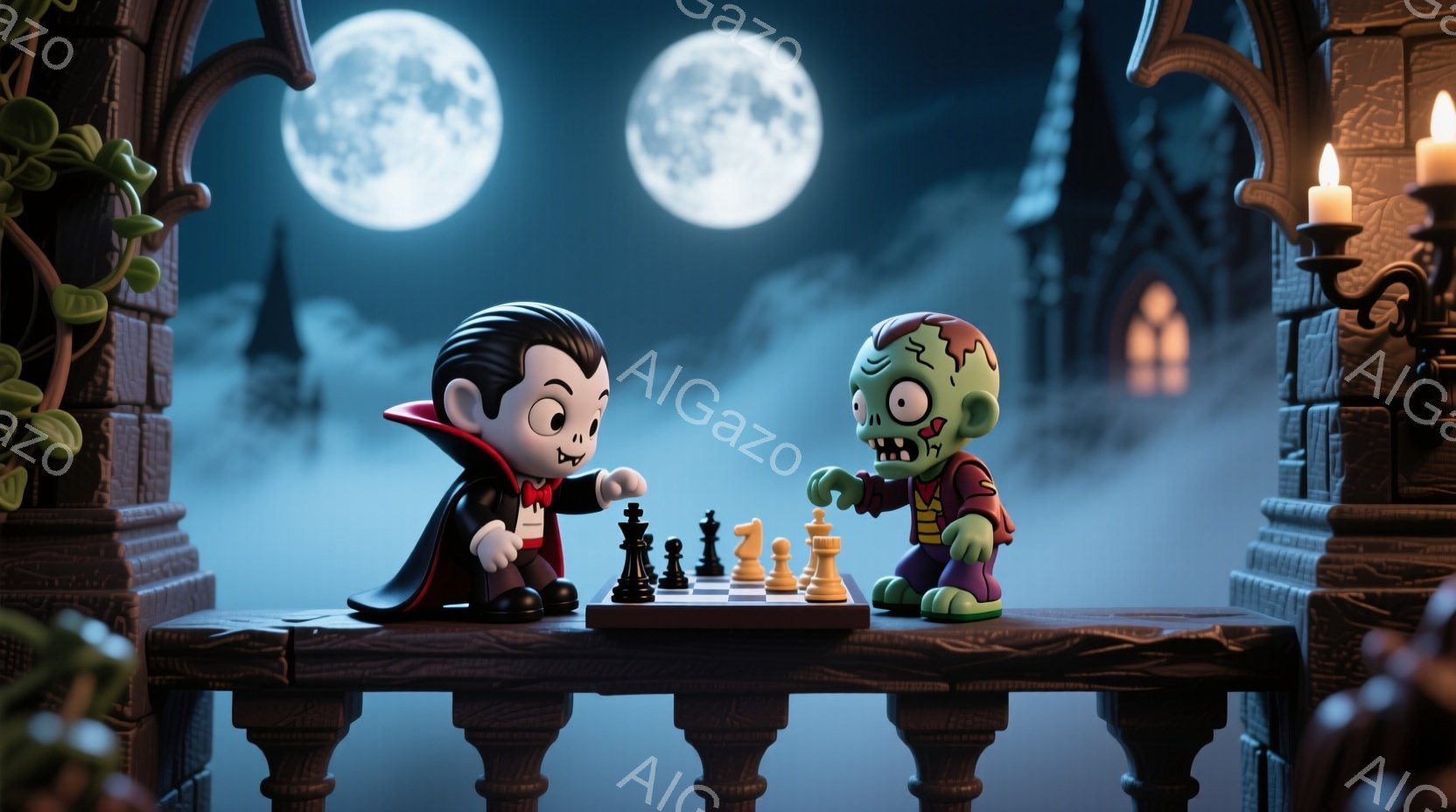 吸血鬼とゾンビが、石造りのバルコニーでチェスをしている様子が描かれています。吸血鬼は黒いスーツに赤いマントを羽織り、整髪された髪と自信に満ちた表情をしています。背景には、霧に包まれた城、満月、そして蝋燭が灯された装飾的な石垣が見え、不気味でありながらもどこかユーモラスな雰囲気を醸し出しています。