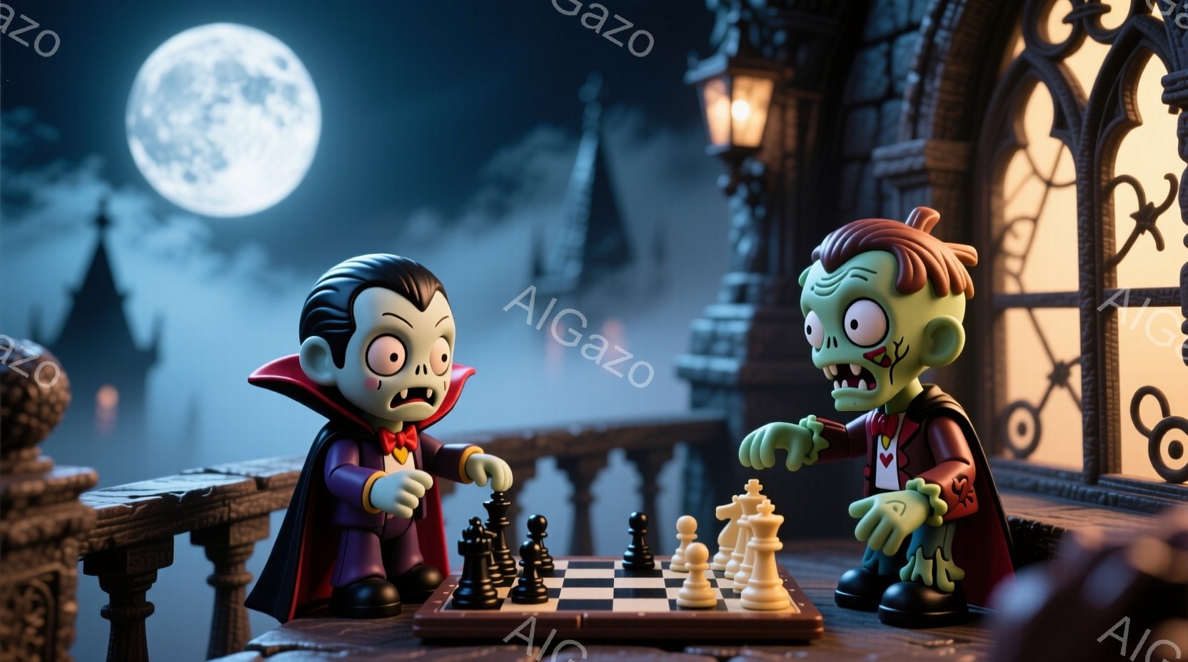 吸血鬼とゾンビのおもちゃが、石造りのバルコニーでチェスを指している。吸血鬼は赤いマントと黒いスーツを着て、ゾンビは緑色の肌に赤いネクタイを締めている。背景には、満月、お城、霧が立ち込める夜の風景が広がっており、不気味でありながらもユーモラスな雰囲気を醸し出している。