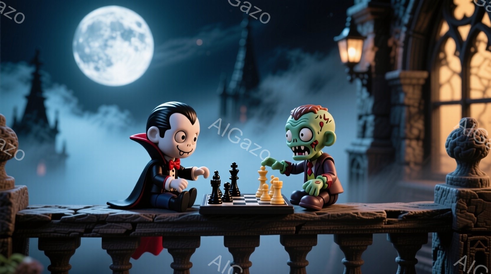 吸血鬼とゾンビが、石造りの欄干に置かれたチェス盤を前に向かい合っている。吸血鬼は黒いスーツに赤いマントを羽織り、整った髪型で、少し微笑んでいるように見える。背景には、霧に包まれた城のような建物と満月が - AI生成フリー素材