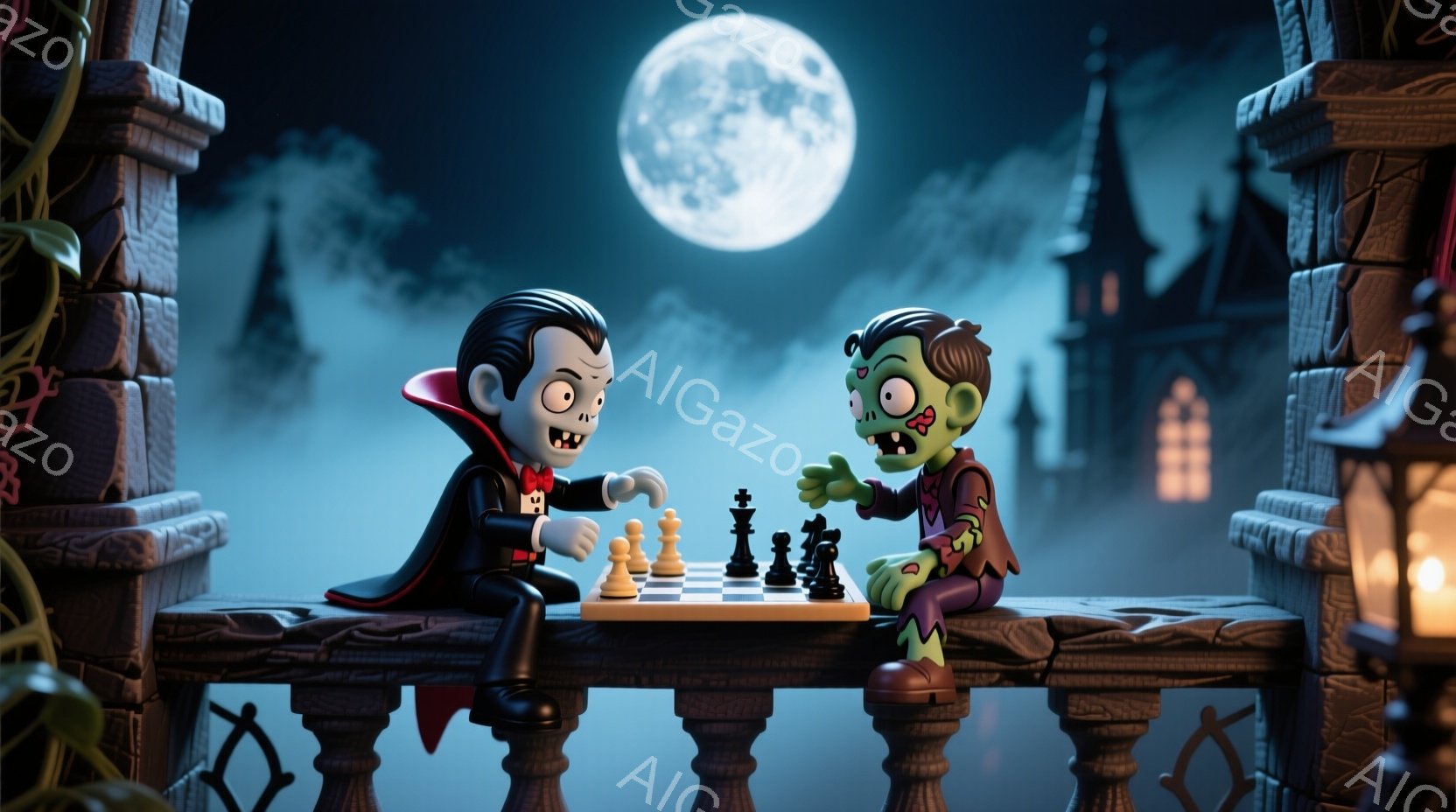 吸血鬼とゾンビが、石造りのバルコニーでチェスを楽しんでいます。吸血鬼は黒いスーツに赤いマントを羽織り、整った髪型で、少しいたずらっぽい表情をしています。背景には、満月が輝き、遠くには暗いシルエットの建物と霧が広がり、不気味でありながらもどこかユーモラスな雰囲気です。
