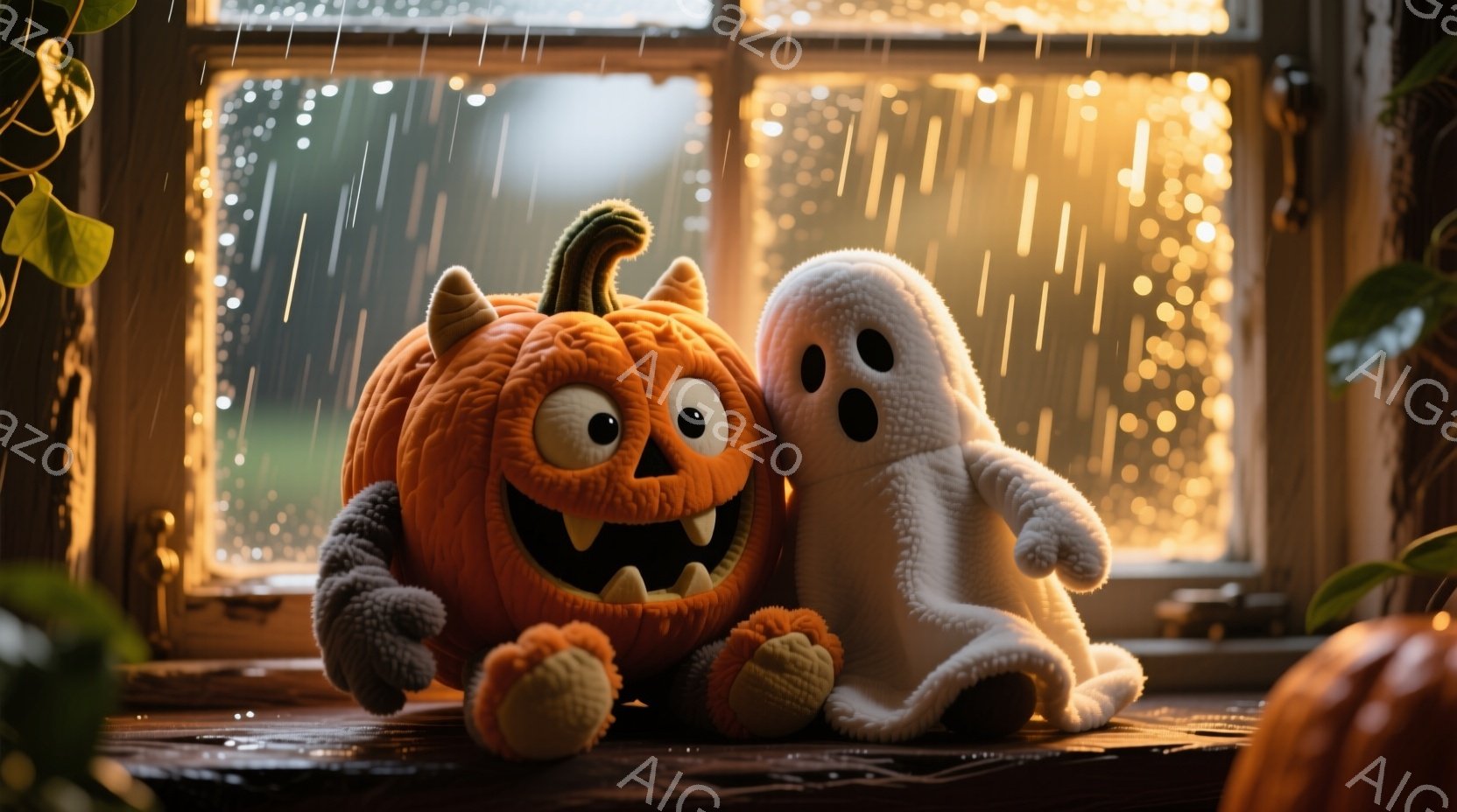 愛らしいハロウィーンのぬいぐるみであるかぼちゃと幽霊が寄り添って座っています。かぼちゃは大きな笑顔で、大きな灰色の足と手を持っています。背景には雨が降る窓があり、暖かくぼんやりとした光が灯っています。