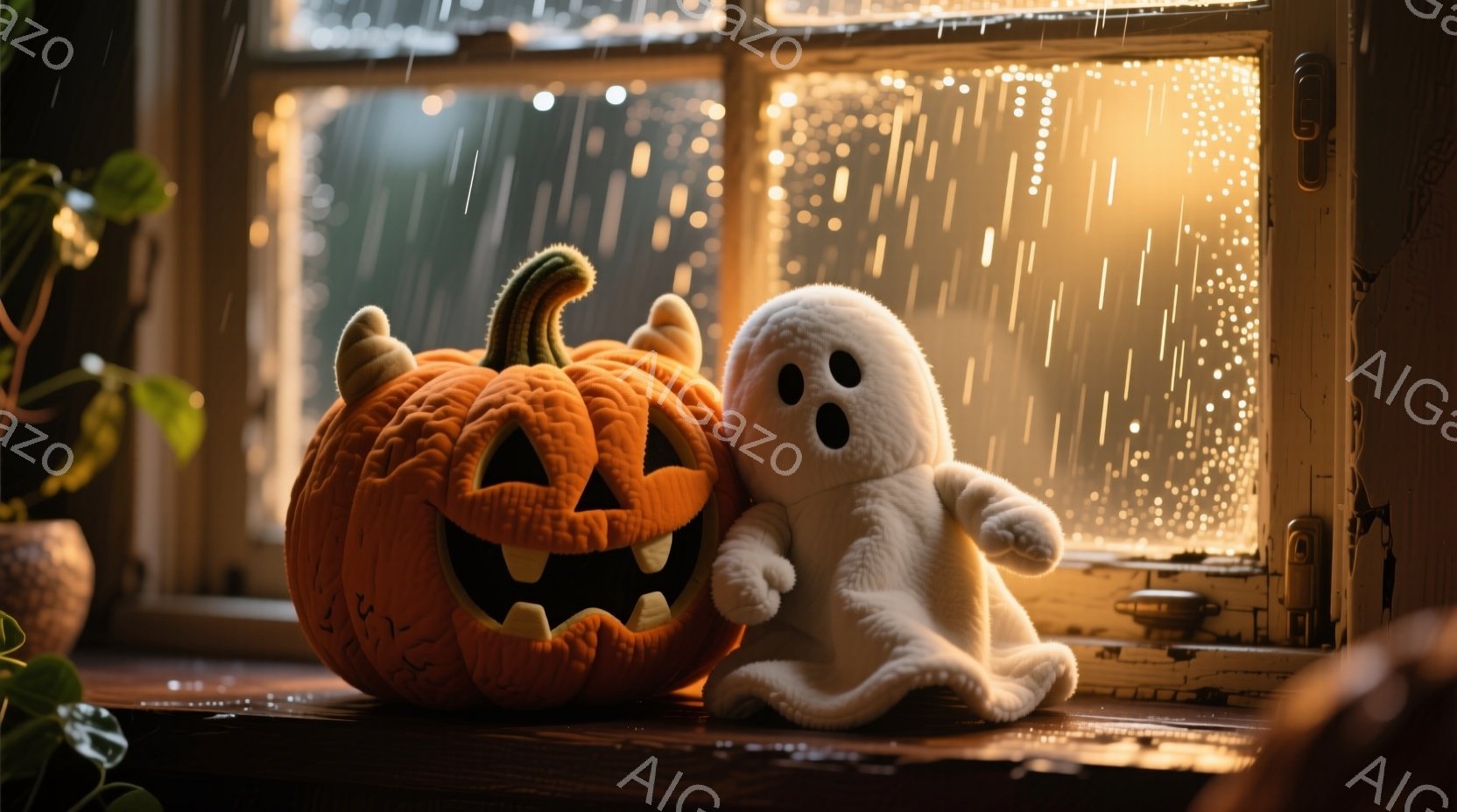 窓辺にハロウィーンの飾りであるジャック・オー・ランタンと幽霊のぬいぐるみがあります。外は雨が降り、背景の光がぼやけています。全体的に、温かく、少し物悲しい、秋らしい雰囲気が漂っています。 - AI生成フリー素材