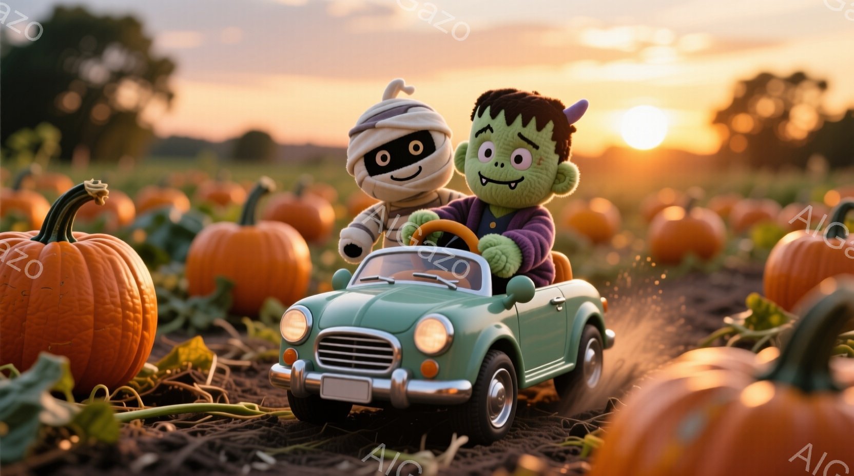 オレンジ色のカボチャ畑を、ミイラとフランケンシュタインのぬいぐるみが緑色の自動車で運転している様子が描かれています。ミイラは運転席で笑顔を見せ、フランケンシュタインは助手席で少し驚いた表情を浮かべています。背景には夕焼け空が広がり、暖かく、楽しいハロウィンの雰囲気を醸し出しています。