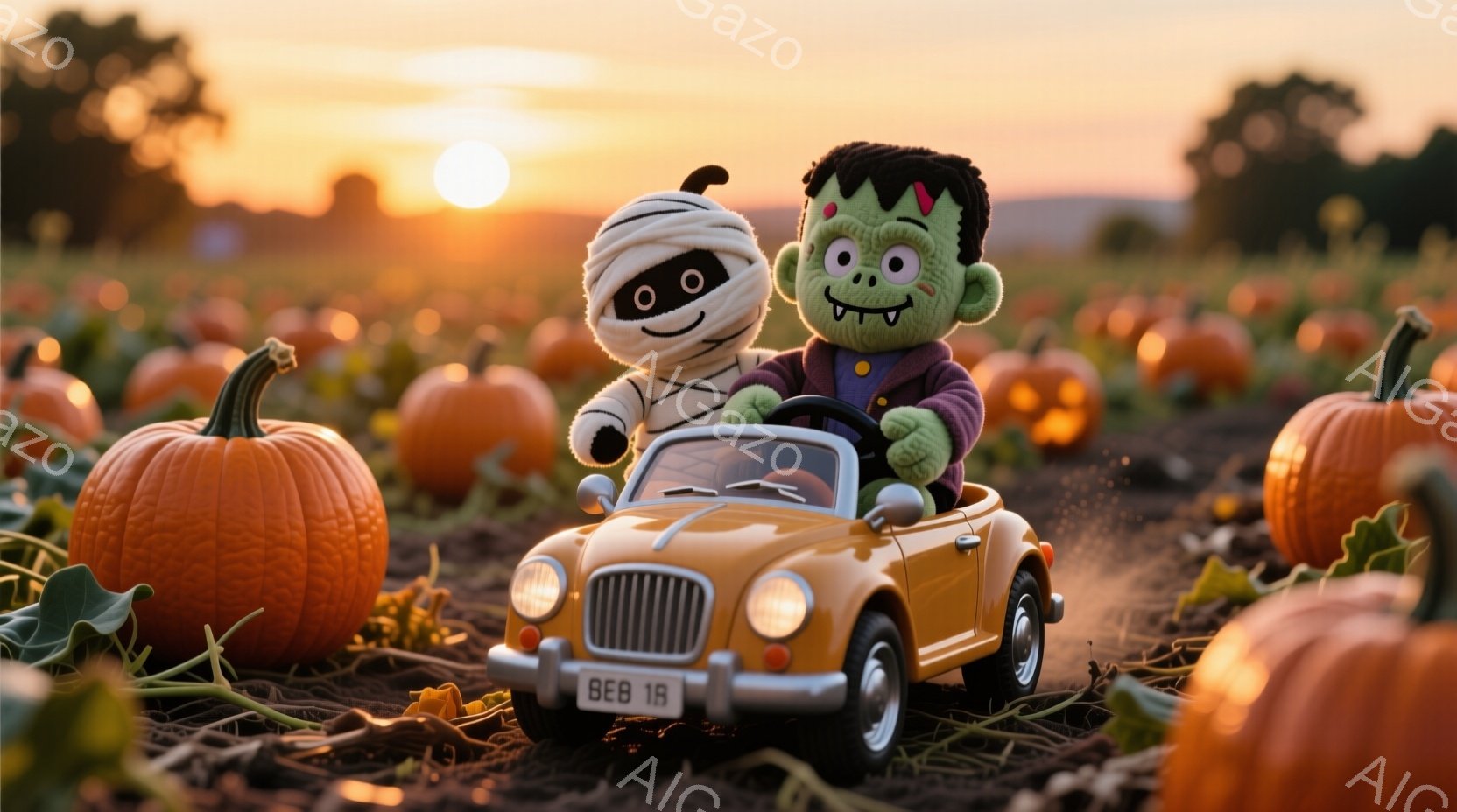 オレンジ色のカボチャ畑を、ミイラとフランケンシュタインのぬいぐるみたちが黄色い車で走行している様子が描かれています。ミイラは白い包帯で覆われ、大きな目と笑顔を見せ、フランケンシュタインは緑色の肌と黒い髪、そして少し困ったような表情をしています。背景には、夕焼け空とたくさんのカボチャが広がり、温かく楽しいハロウィンの雰囲気を醸し出しています。