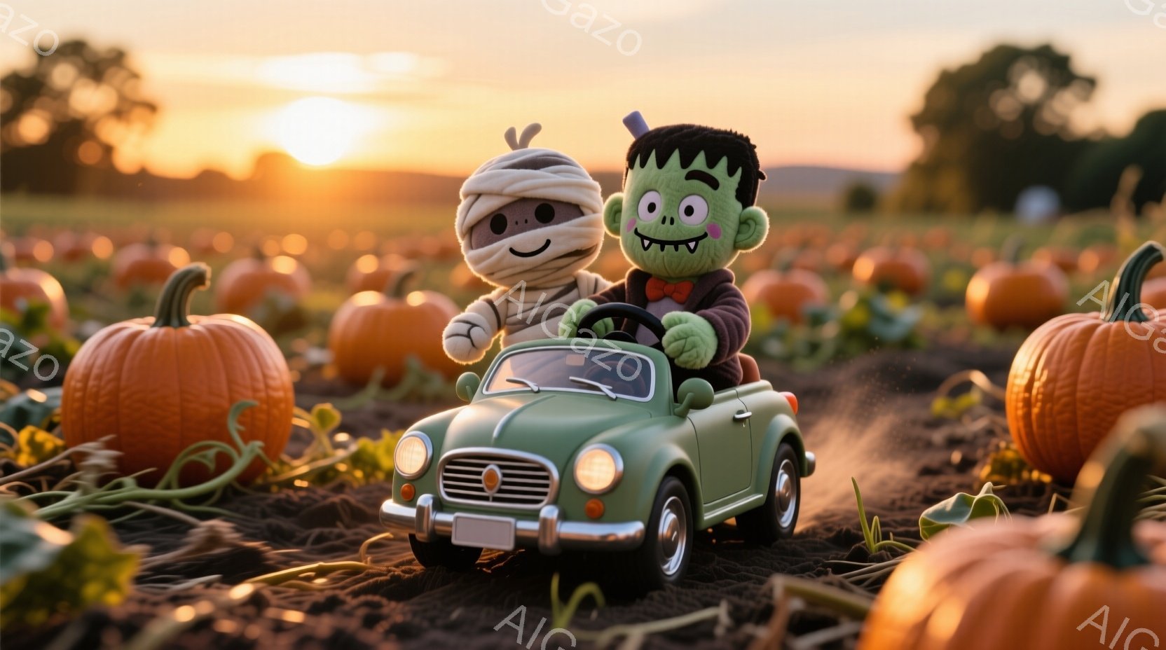 緑色の小さな車をミイラ男とフランケンシュタインのモンスターが運転しています。ミイラ男は運転席に座り、フランケンシュタインは助手席で満面の笑みを浮かべています。背景には、夕焼け空の下、オレンジ色のカボチャ畑が広がり、秋らしい温かく楽しい雰囲気が漂っています。