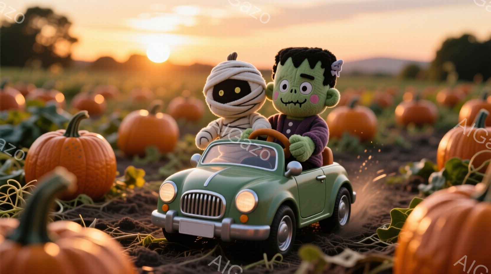 オレンジ色のカボチャ畑を背景に、フランケンシュタインとミイラのミニチュア人形が緑色の小型車を運転している様子が描かれています。フランケンシュタインは紫色のシャツを着てハンドルを握り、ミイラは助手席でリラックスした表情をしています。夕焼けの光が畑を照らし、暖かく、おもしろい雰囲気を醸し出しています。