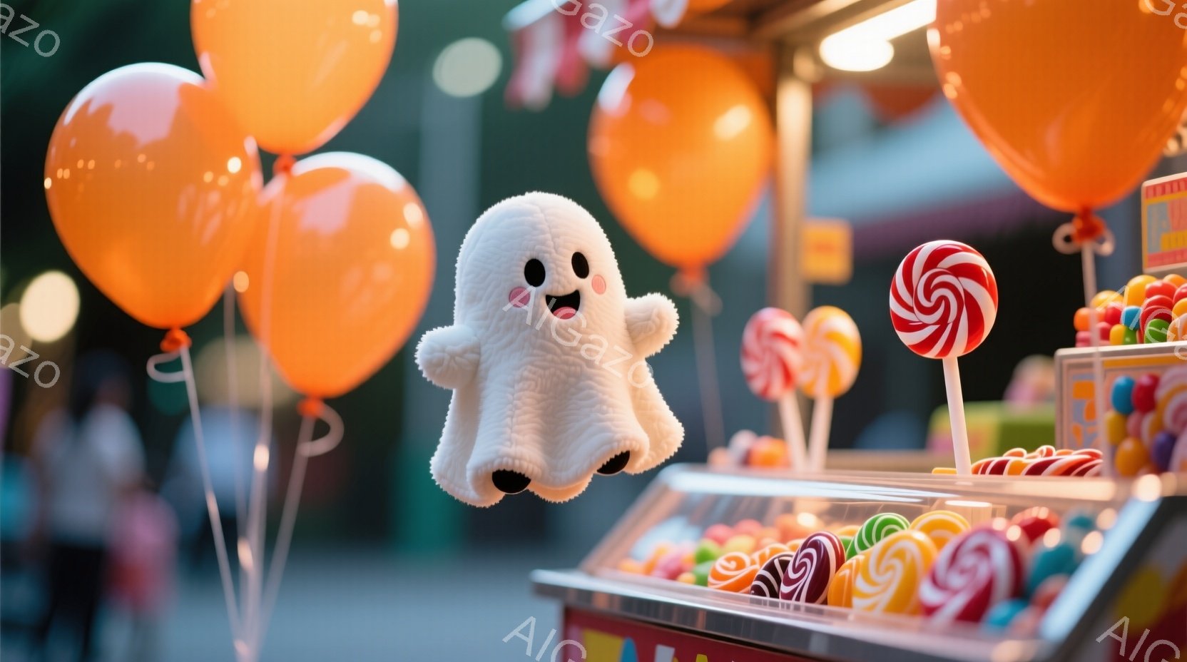 白くてふわふわした幽霊のぬいぐるみが、キャンディーがたくさん並んだ屋台の前に浮かんでいます。背景にはオレンジ色の風船が並び、屋台のショーケースには様々な色とりどりのキャンディーが整然と並んでいます。暖色系の照明と明るい色彩が、お祭りや遊園地のような賑やかな雰囲気を醸し出しています。