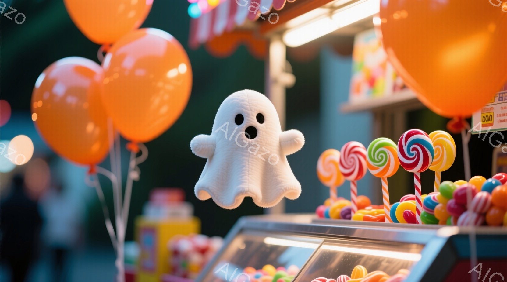 オレンジ色の風船とカラフルなキャンディに囲まれた、可愛らしいお化けのぬいぐるみが浮いています。背景にはキャンディが並んだ屋台と、ぼんやりとした人影が見え、ハロウィンの楽しい雰囲気が漂っています。全体的に明るく、お祭りのような賑やかさを感じさせる画像です。