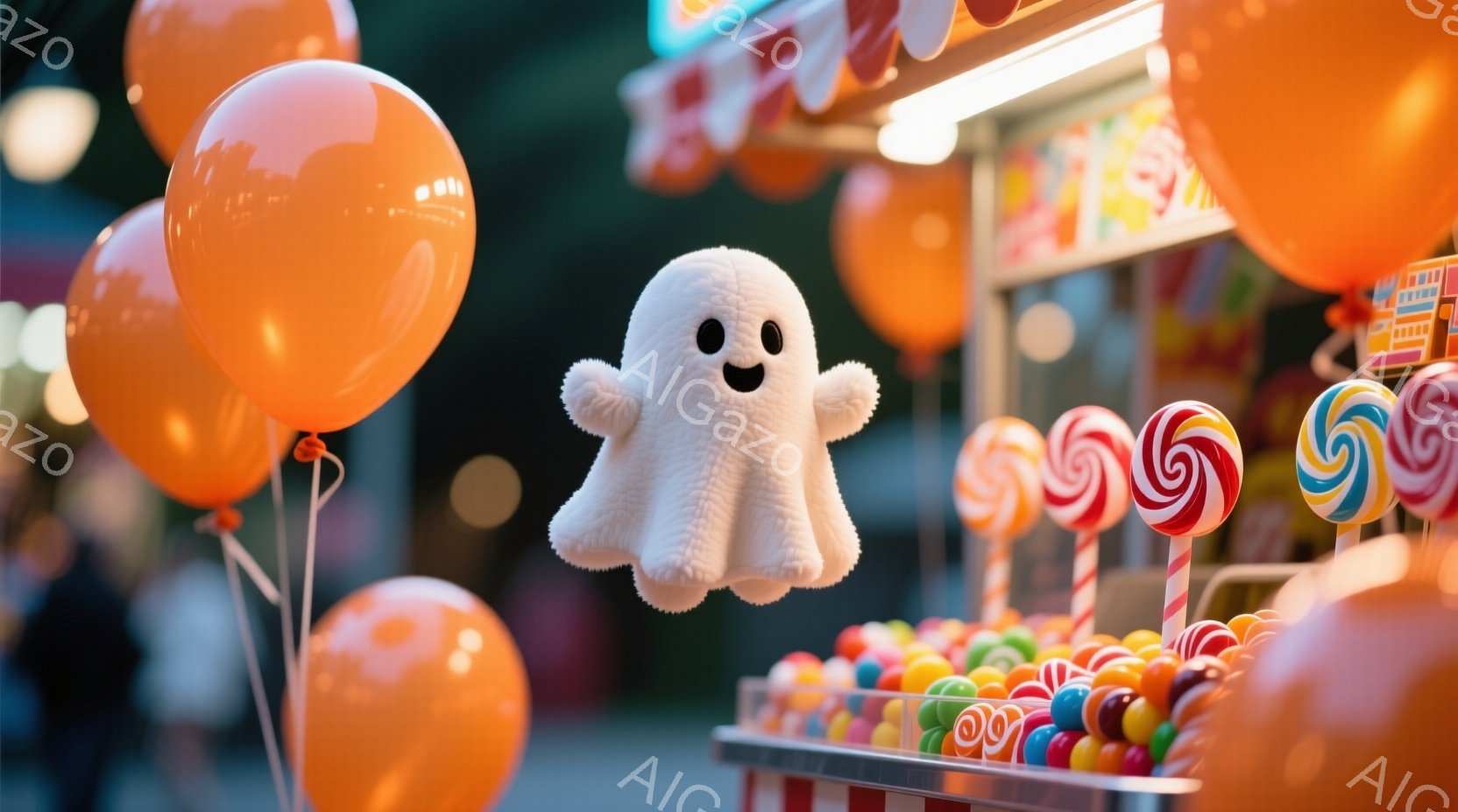 オレンジ色の風船がいくつか束ねられ、その隣には可愛らしい白いお化けのぬいぐるみが浮かんでいます。背景にはキャンディやカラフルなお菓子が並んだ屋台があり、薄暗い夜の遊園地のような雰囲気が漂っています。全体的にハロウィンや秋祭りを感じさせる、楽しげで温かい光景です。