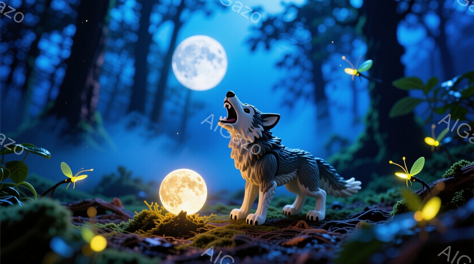 暗い森の中で、狼が月に向かって遠吠えしている様子が描かれている。周囲には、光る植物や小さな光の玉が散らばり、幻想的な雰囲気を醸し出している。背景は深い緑色で、ぼんやりとした木々のシルエットが見え、月明かりが森全体を照らしている。