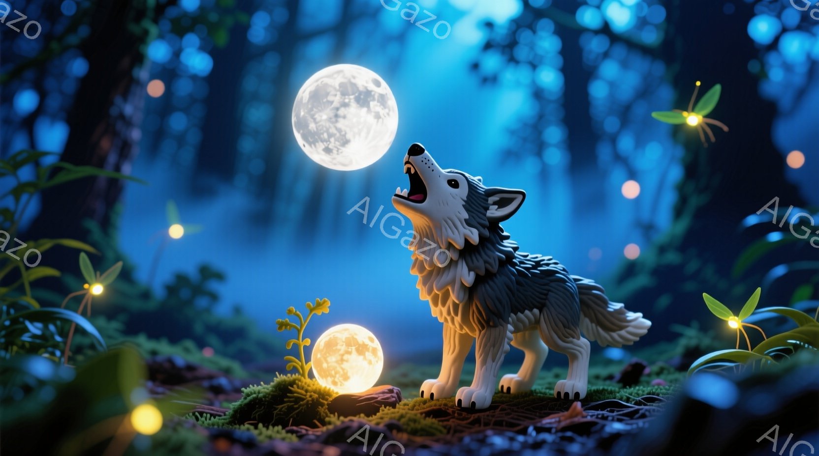 灰色の狼が月の光の下で遠吠えをしています。狼は緑色の苔むした地面の上に立ち、周囲には光る植物や小さな光の玉が散らばっています。背景には暗い森が広がり、満月が夜空を照らし、神秘的で幻想的な雰囲気を醸し出 - AI生成フリー素材