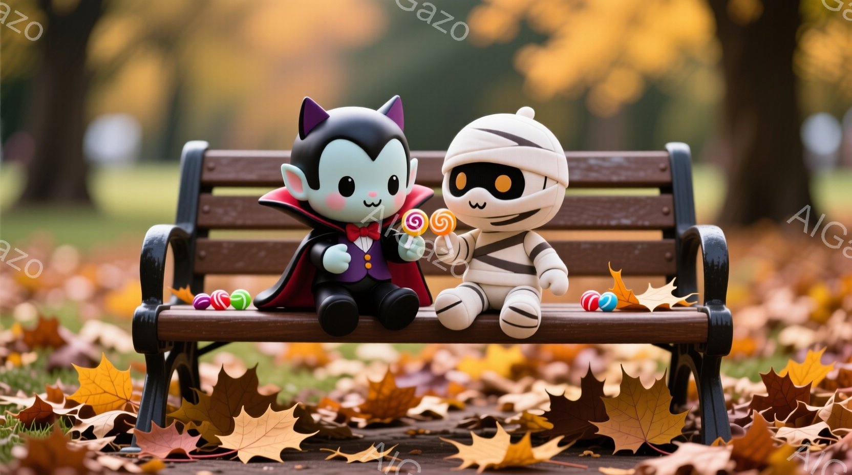 ハロウィーンの衣装を着た2つのキャラクターが公園のベンチに座っています。片方は吸血鬼の衣装で赤いマントを着ており、もう片方はミイラの衣装で包まれています。背景には落ち葉がたくさんあり、秋の雰囲気を感じさせます。