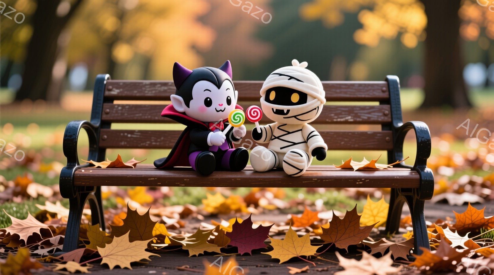 茶色い木製のベンチに、吸血鬼とミイラのぬいぐるみ2体が座っています。吸血鬼のぬいぐるみは黒いマントを着ていて、赤いリボンで髪を結び、微笑んでいます。背景には落ち葉がたくさんあり、秋の暖かく穏やかな雰囲気を醸し出しています。