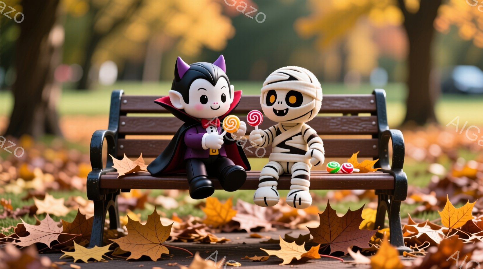暖かい秋の公園で、吸血鬼とミイラのコスチュームを着たおもちゃのキャラクターがベンチに座っています。吸血鬼は黒いマントと髪の毛を持ち、キャンディーを持っています。ミイラは包帯で覆われており、二人とも笑顔で、落ち葉が敷き詰められた公園の風景が広がっています。
