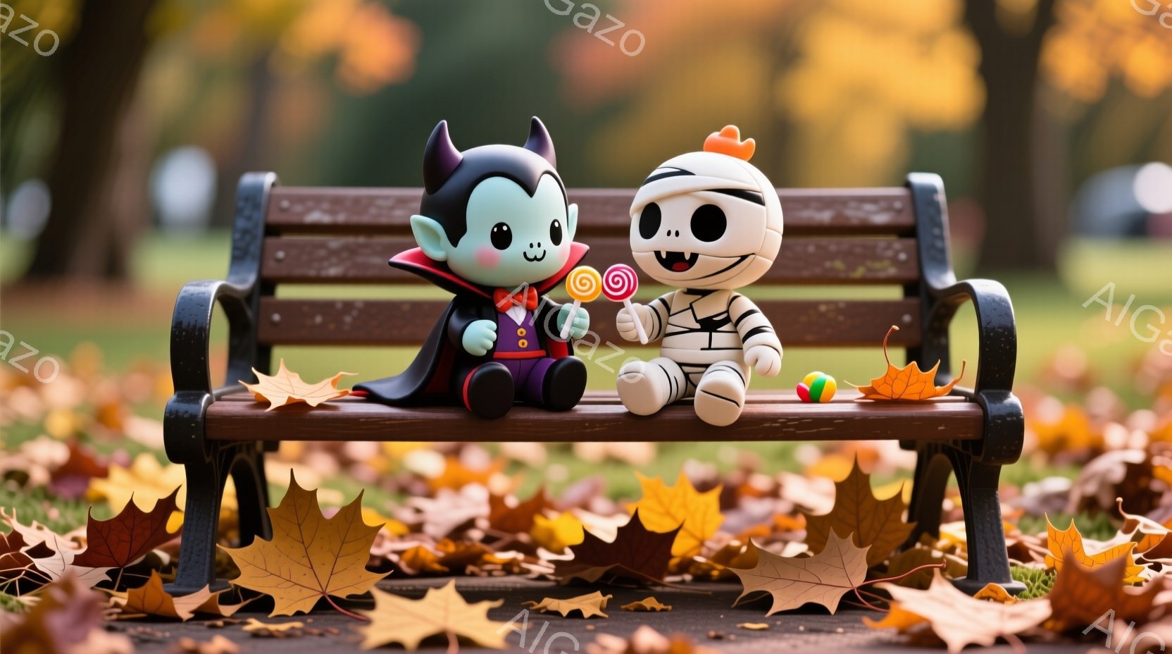 秋の公園のベンチに、吸血鬼とミイラの姿をした可愛らしいキャラクターが座っています。吸血鬼は黒いマントと赤い服を着ていて、ミイラは包帯でぐるぐる巻きになっており、それぞれに愛らしい表情をしています。背景 - AI生成フリー素材