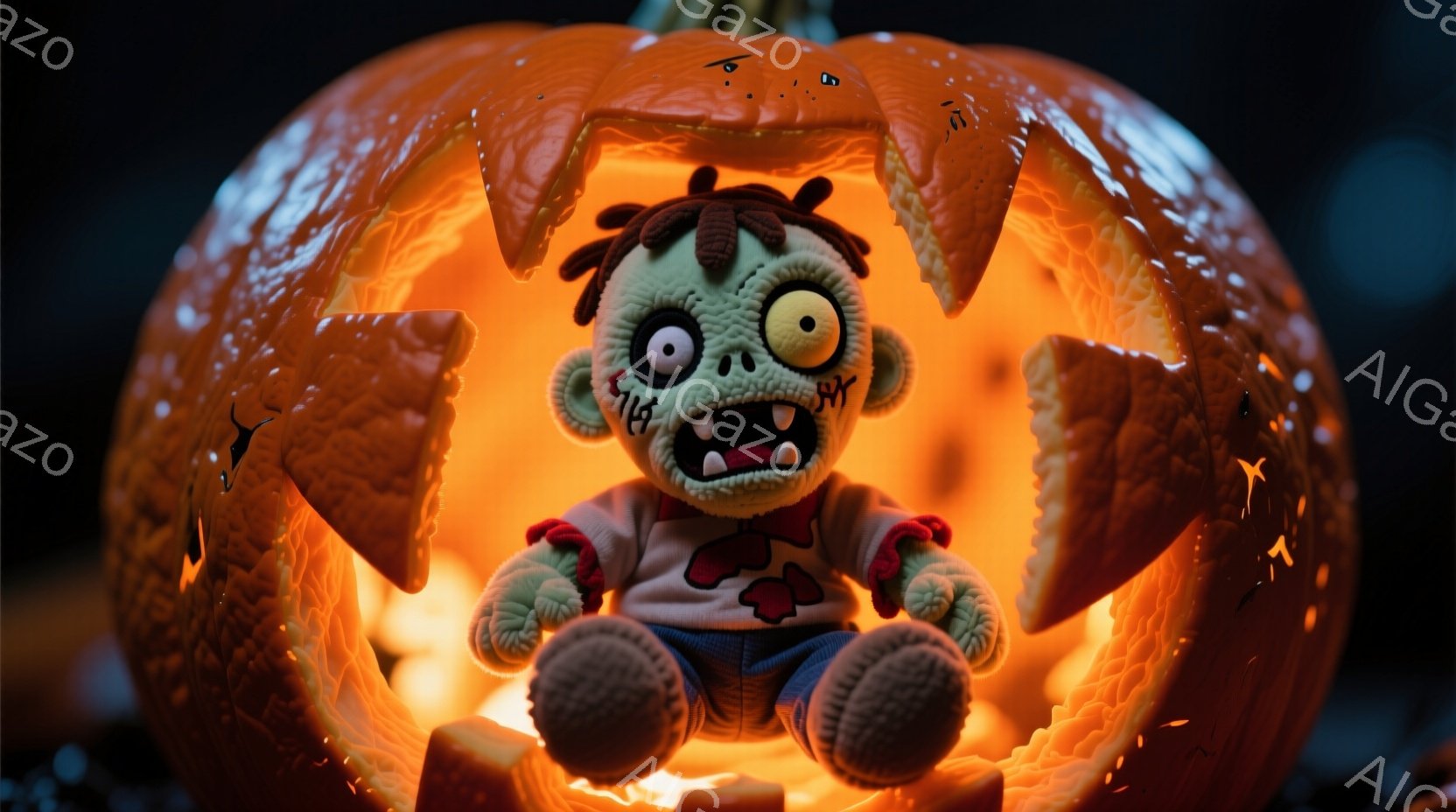 不気味なゾンビの人形が、くり抜かれたオレンジ色のカボチャの中に座っています。人形は赤いシャツと青いズボンを着用し、ボサボサの黒髪と、大きく見開いた片方の目と、不気味な笑顔を見せています。カボチャは内側から明るいオレンジ色に光っており、不気味なハロウィーンの雰囲気を醸し出しています。