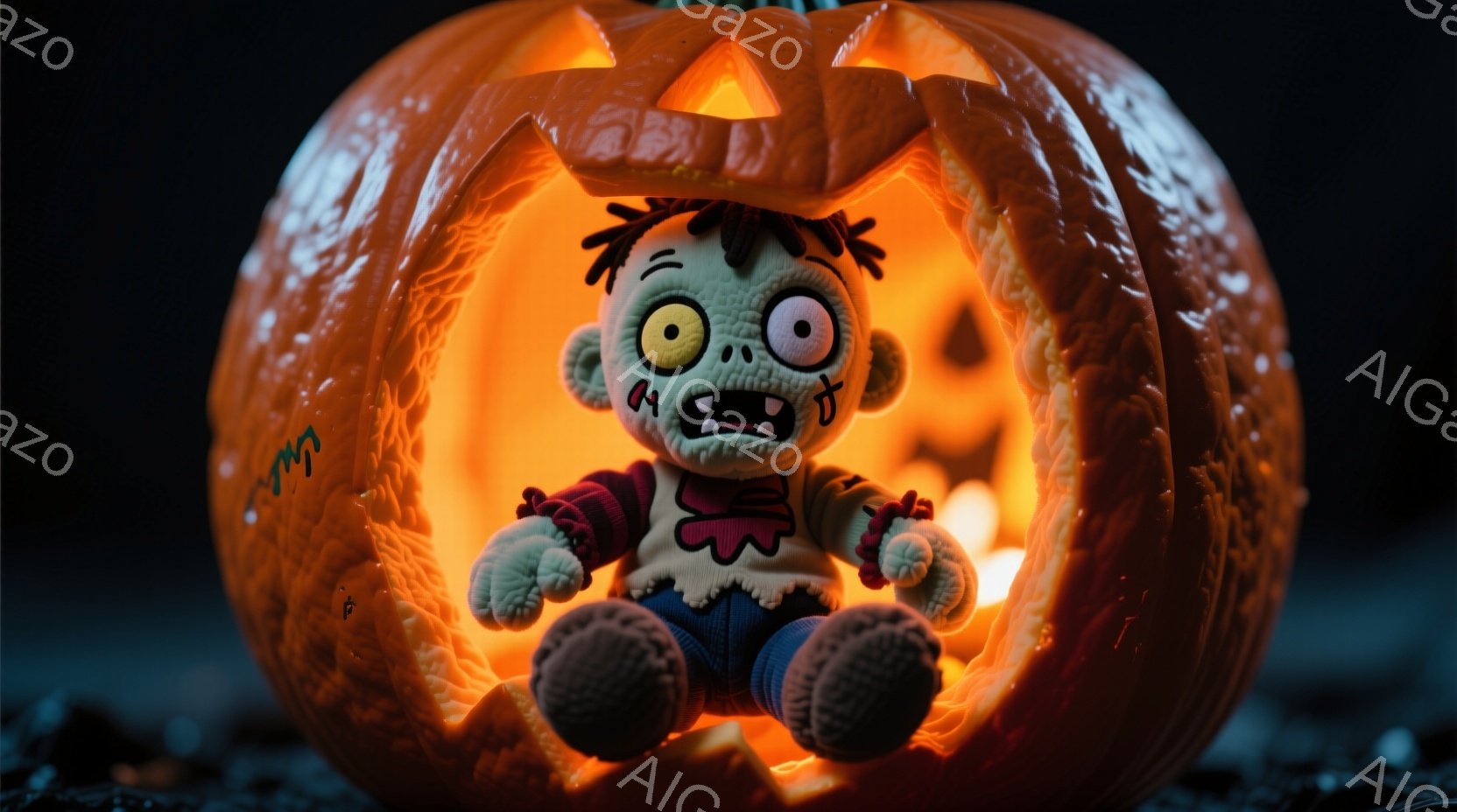 切り開かれたオレンジ色のジャック・オ・ランタンの中に、ゾンビ風の布製の人形が座っています。人形は、黒いモジャモジャの髪、緑色の肌、赤い口、大きな目を持ち、青と赤のストライプのセーターとショートパンツを着ています。背景は暗く、ハロウィーンらしい雰囲気で、ジャック・オ・ランタンからの暖かい光が人形を照らしています。
