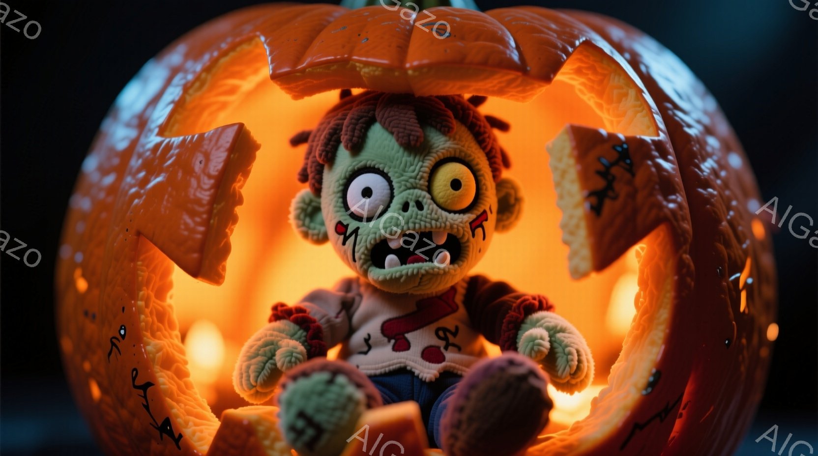 不気味な緑色のモンスターが、中がくり抜かれたオレンジ色のカボチャの中に座っています。モンスターは赤いストライプのシャツとショートパンツを着ており、よれよれの髪型で、大きく開いた口とぎょろっとした目で不気味な表情をしています。カボチャの内側はオレンジ色に光っており、全体的にハロウィーンの不気味で楽しい雰囲気を醸し出しています。