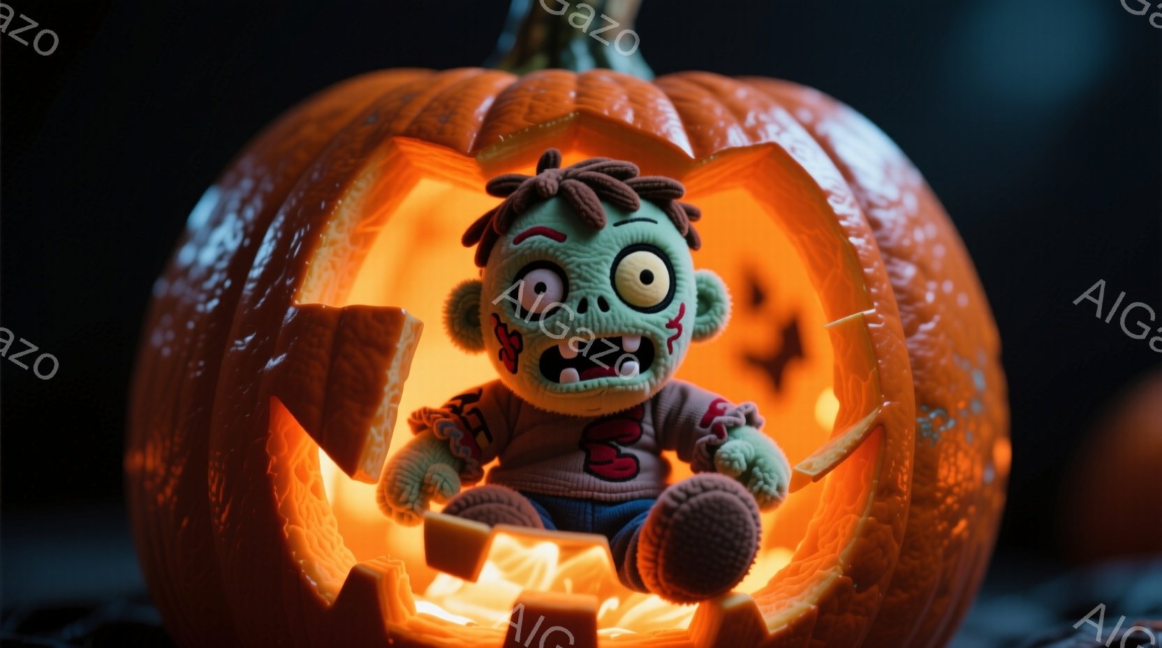 彫刻されたジャック・オー・ランタンの中に、緑色のゾンビ風のキャラクターが座っています。キャラクターは青いセーターと茶色のズボンを身に着け、髪は乱れており、目は大きく、口は大きく開いて歯を見せています。背景は暗く、暖かく光るジャック・オー・ランタンが不気味で楽しい雰囲気を醸し出しています。