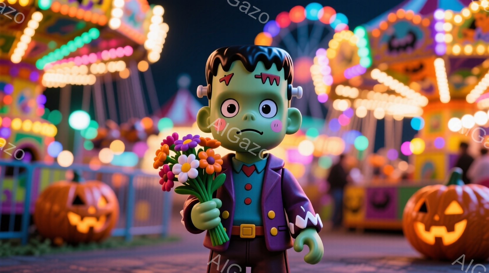 不気味ながらも可愛らしいフランケンシュタインのモンスターが、色とりどりの花束を抱えています。彼はダークグリーンの肌、ボルトで固定された首、整った黒髪、そして少し悲しげな表情をしています。背景には、ハロ - AI生成フリー素材