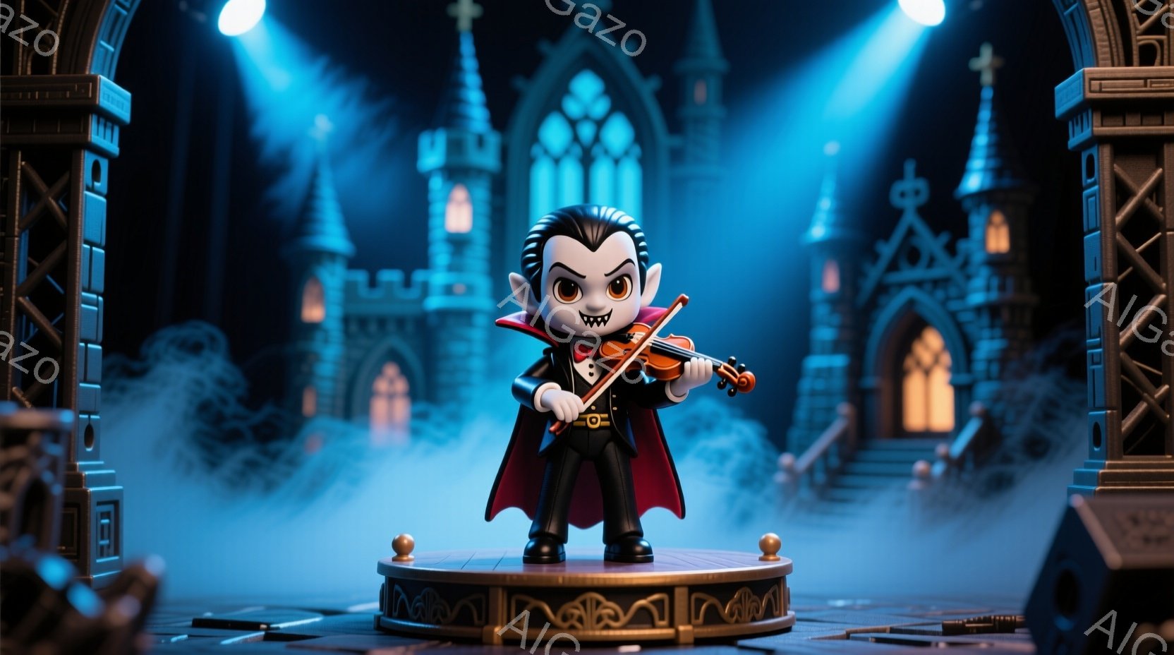 小さな吸血鬼がステージ上でバイオリンを演奏しています。彼は黒いスーツと赤いマントを着ており、大きな襟と白いシャツが特徴的です。背景には霧に包まれたお城と、青く照らされた夜空が広がっており、少し不気味でありながらも可愛らしい雰囲気です。
