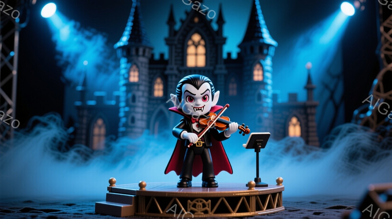 小さな吸血鬼がステージ上でバイオリンを演奏している様子が描かれています。彼は黒いスーツに赤いマントを羽織り、つややかな黒髪と鋭い牙が特徴的です。背景には薄暗いお城と霧が立ち込め、ハロウィーンらしい不気味な雰囲気を醸し出しています。