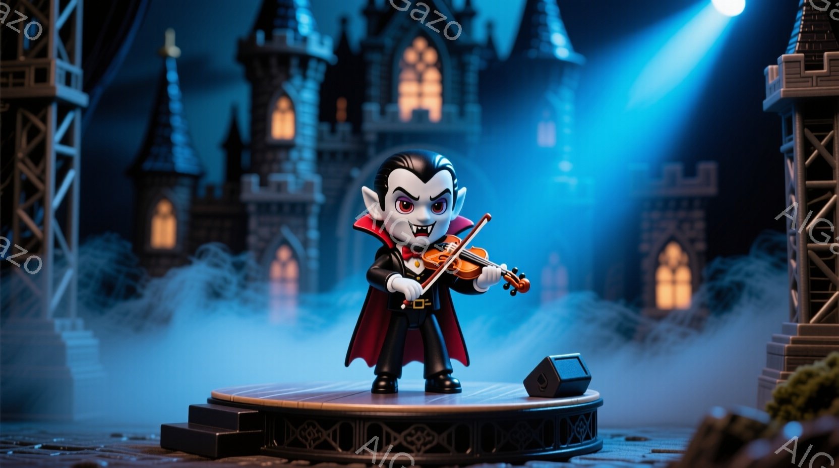 少年が吸血鬼の衣装を着てバイオリンを演奏している。彼は黒いスーツ、赤いマント、整髪された黒い髪をしており、少し微笑んでいるように見える。背景には、霧に包まれたお城と、暗い夜の雰囲気を感じさせるシルエットが見える。