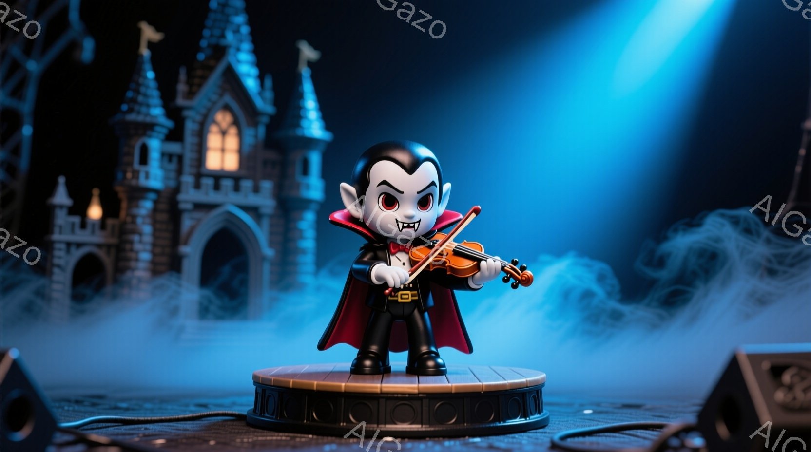 小さな吸血鬼がスポットライトを浴びながらバイオリンを演奏している。彼は黒い髪と赤いマント、そして白いシャツと黒いベストを着ており、少し不気味ながらも愛らしい表情をしている。背景にはお城と霧が広がり、ハロウィンのような雰囲気を作り出している。