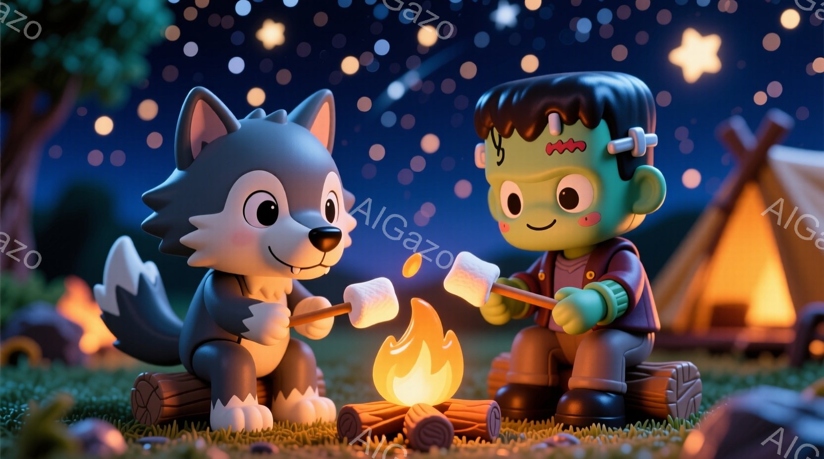 キャンプファイヤーを囲む狼のキャラクターとフランケンシュタインのキャラクターを描いています。狼は灰色で、白い胸と足を持ち、微笑んでいます。フランケンシュタインは緑色で、首にボルトが付き、マシュマロを串に刺して楽しんでいます。