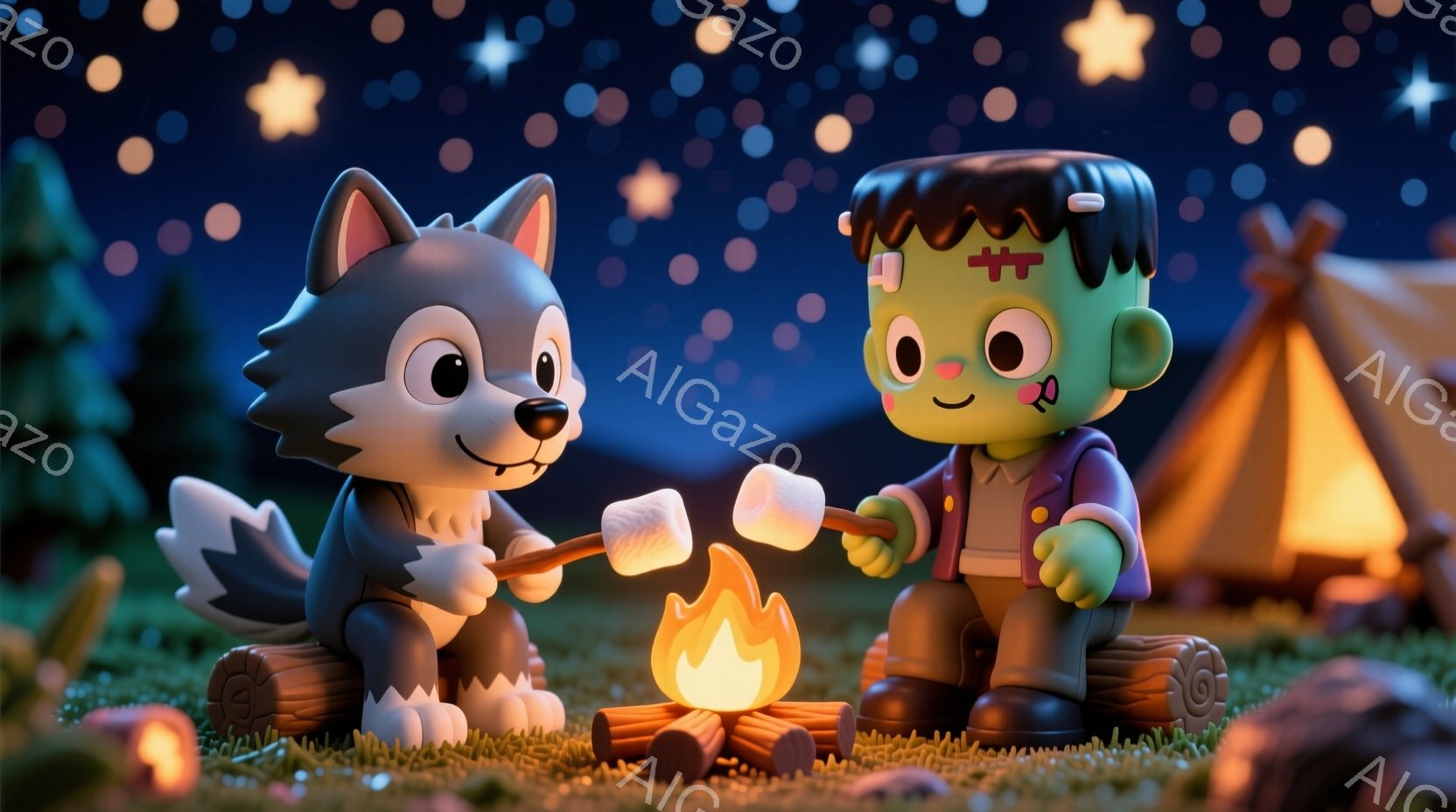 狼のキャラクターとフランケンシュタインのモンスターが、暖炉の前でマシュマロを焼いています。狼は青い服を着ており、フランケンシュタインは緑色の肌に黒い髪、赤いジャケットを着ています。背景には木々とテント - AI生成フリー素材