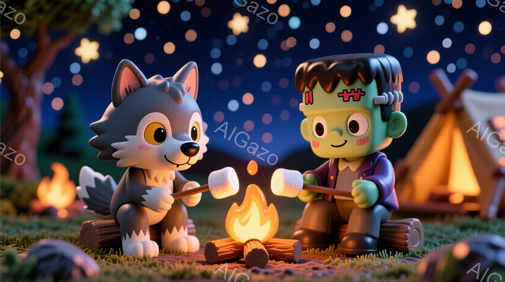 可愛らしい狼のキャラクターとフランケンシュタインのモンスターが、焚き火を囲んでマシュマロを焼いている様子が描かれています。狼は明るい表情でマシュマロに集中し、フランケンシュタインは緑色の肌に特徴的な髪型で、ややコミカルな表情を浮かべています。背景にはテントと星空が広がり、暖かく穏やかなキャンプの雰囲気が表現されています。