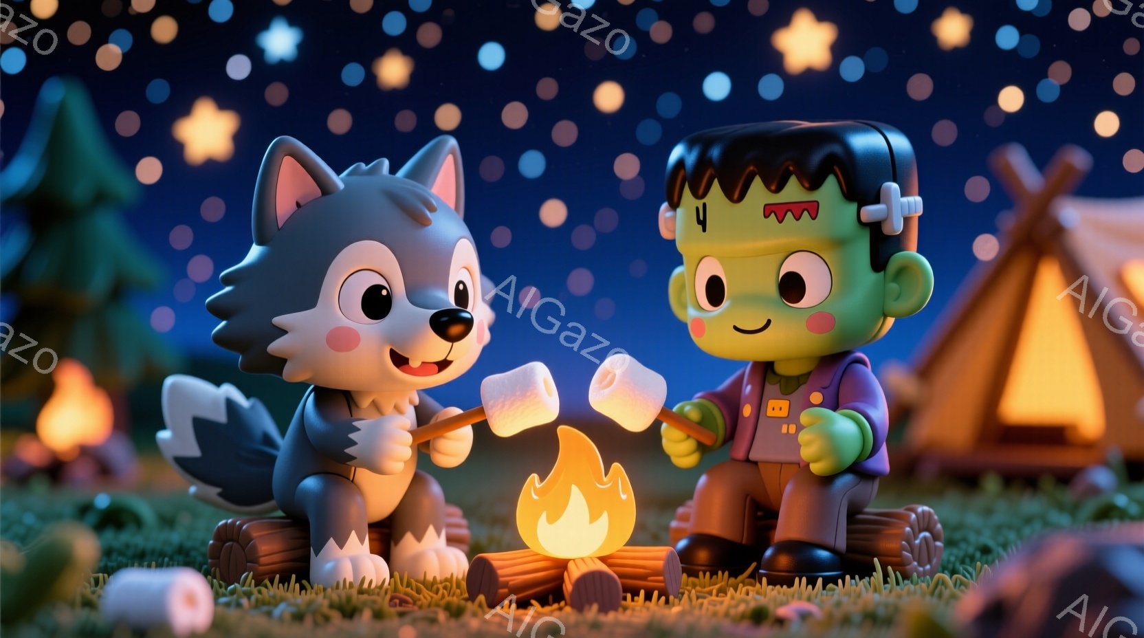 これは、かわいらしいカートゥーンスタイルの狼とフランケンシュタインがキャンプファイヤーを囲んでいる様子を描いています。狼は青い毛並みで、幸せそうな笑顔を浮かべ、フランケンシュタインは緑色の肌にボルトの首飾りを付け、同様に楽しそうにマシュマロを焼いています。背景には、緑の草、木々、そしてオレンジ色のテントが星空の下に見え、温かく、楽しいキャンプの雰囲気を醸し出しています。