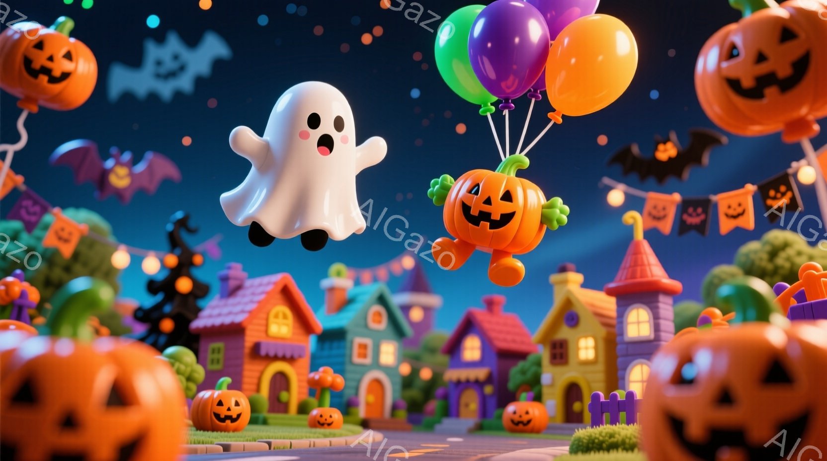 カラフルなハロウィンの背景に、可愛らしいカボチャの風船にぶら下がったお化けが描かれています。背景には、鮮やかな色の家々が立ち並び、ハロウィンの装飾が施されたカボチャやコウモリが浮かんでいます。全体的に、陽気で遊び心のある、お祭りの雰囲気が漂っています。