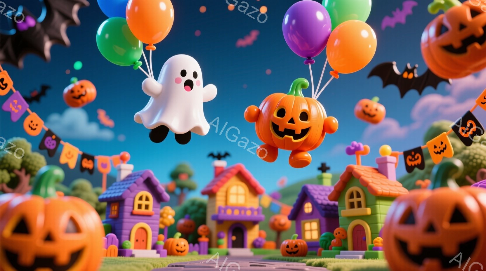 紫とオレンジの可愛らしい家々が並ぶハロウィンの街並みで、カボチャのランタンと幽霊が風船と一緒に空中に浮かんでいます。背景は濃い青色で、星が散りばめられており、夜のハロウィンらしい雰囲気です。全体的に明るく、お祭り騒ぎの楽しさを感じさせるイラストレーションです。