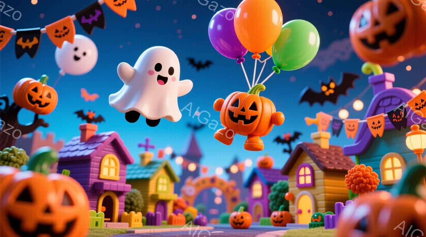 カラフルなハロウィンの町並みが描かれており、紫とオレンジ色の建物が立ち並び、かぼちゃやお化けの飾り付けがされています。空には、風船を持った可愛らしいお化けと、浮かぶかぼちゃが描かれ、夜空にはコウモリが舞っています。全体的に明るく、陽気で、楽しいハロウィンの雰囲気が漂っています。