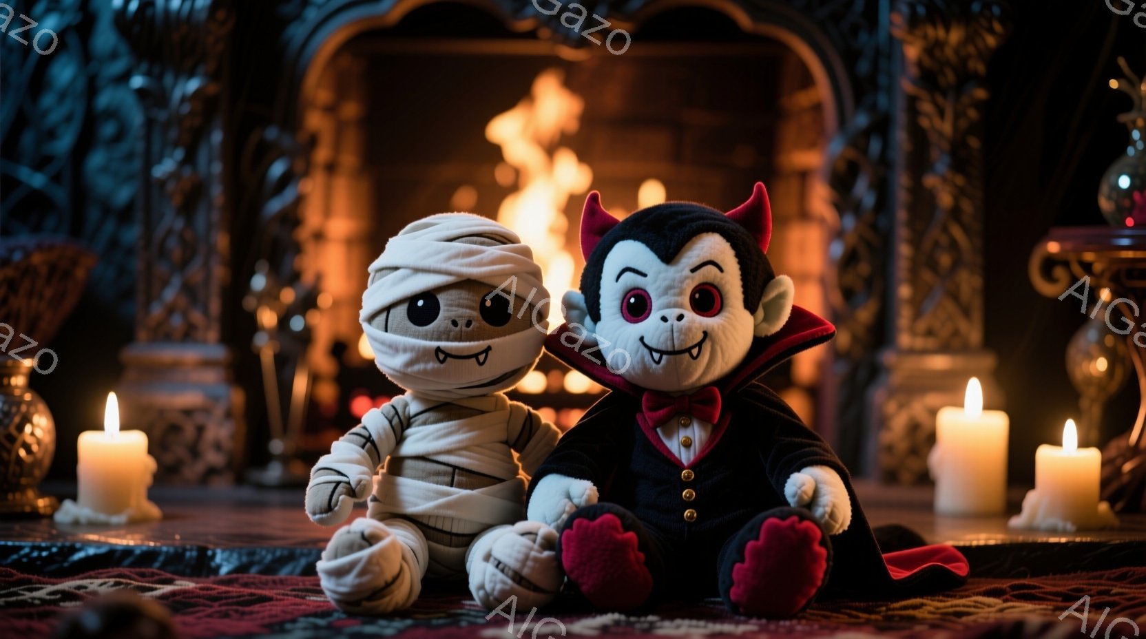 ぬいぐるみのミイラと吸血鬼が並んで座っています。ミイラは白とベージュの包帯で覆われ、可愛らしい表情をしています。背景には暖炉、キャンドル、装飾が配置されており、ハロウィーンのような神秘的で暖かい雰囲気 - AI生成フリー素材