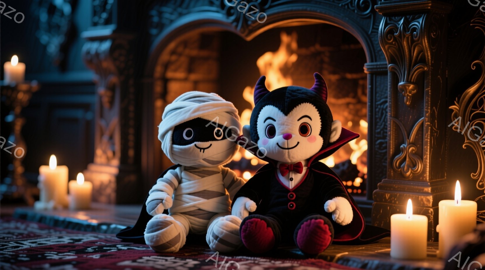 ミイラとヴァンパイアのぬいぐるみは、豪華な暖炉の前にある赤い絨毯の上に座っています。ミイラは包帯で覆われ、黒いマントを羽織っています。ヴァンパイアは赤いジャケット、黒いズボン、赤い靴を履いており、赤い - AI生成フリー素材