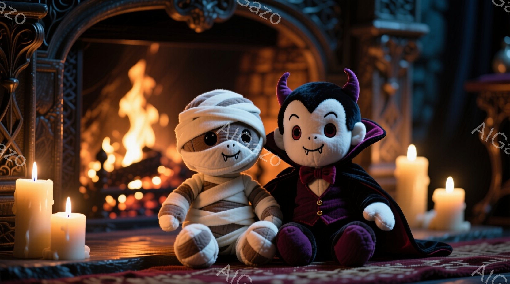ミイラと吸血鬼のぬいぐるみ2体が赤い絨毯の上に座っています。ミイラのぬいぐるみは包帯で覆われ、愛らしい表情をしています。背景には暖炉があり、炎が燃え盛っており、周囲にはロウソクが置かれ、ハロウィーンの雰囲気を作り出しています。