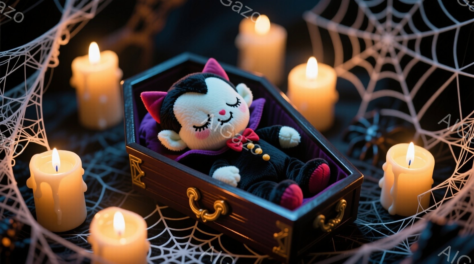 小さな吸血鬼のぬいぐるみが、赤い内張りの小さな棺の中に横たわっています。黒いスーツに赤いベスト、そして蝶ネクタイを身につけ、穏やかな表情で目を閉じ、眠っているようです。背景にはクモの巣が描かれ、周りを数本の燃えるキャンドルが囲んでおり、ハロウィーンらしい不気味で可愛らしい雰囲気を醸し出しています。