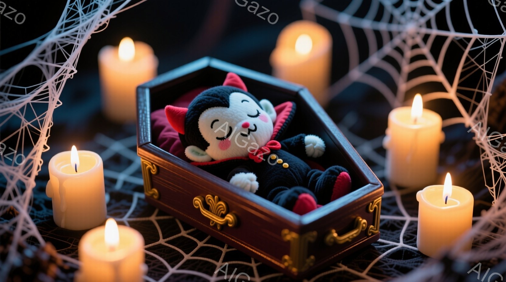 小さな縫いぐるみの吸血鬼が、赤いサテンのような生地で裏打ちされた小さな棺桶の中に横たわっています。彼は黒い服を着ており、赤い襟と蝶ネクタイをつけています。背景には、偽の蜘蛛の巣と点在する光るキャンドルがあり、不気味でありながらも愛らしいハロウィンの雰囲気を醸し出しています。