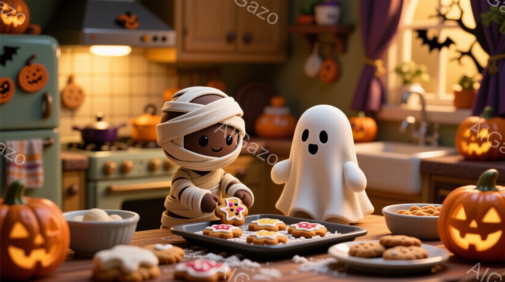 包帯でミイラのように巻かれた小さなキャラクターが、クッキーをデコレーションしています。隣には、可愛らしい幽霊の形をしたキャラクターが立っており、クッキーの様子を嬉しそうに眺めています。背景は、ハロウィ - AI生成フリー素材