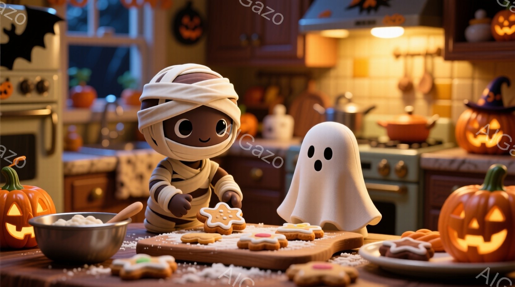 暖炉とハロウィーンの装飾が施されたキッチンで、ミイラと幽霊の姿をした可愛らしいキャラクターがクッキーを作っています。ミイラは頭に包帯を巻き、大きな瞳で真剣な表情でクッキーにアイシングを塗っています。背景には、ハロウィーンパンプキンが置かれ、暖かく、お祝いの雰囲気が漂っています。