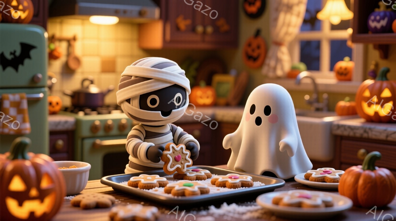 ハロウィーンの装飾が施されたキッチンで、ミイラと幽霊のキャラクターがクッキーをデコレーションしています。ミイラは包帯で覆われた頭と丸い目をしており、クッキーにアイシングを塗っています。背景には、カボチャのランタンやハロウィーンの飾り付けがされ、暖かく、お祝いムードが漂っています。