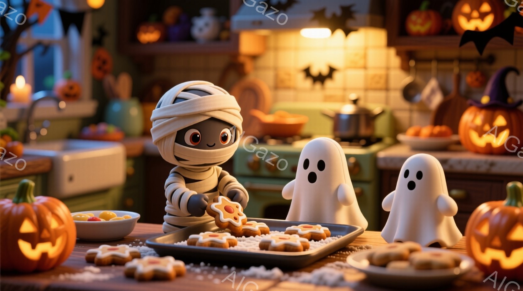 ハロウィーンの装飾が施されたキッチンで、ミイラ、幽霊2体がクッキーを作っている様子が描かれています。ミイラは明るい緑色の体に包帯を巻き、嬉しそうな表情で星形のクッキーにアイシングを施しています。背景にはカボチャのランタンやハロウィーンの飾り付けが散りばめられ、温かく楽しい雰囲気を醸し出しています。
